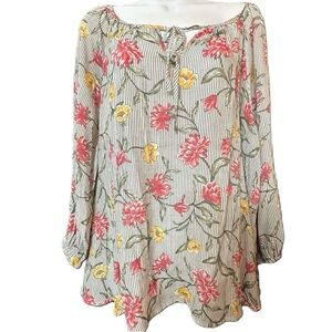 Fred David Women’s Boho Stripes & Floral‎ Print Top Size 1X 3/4 Sleeve Blouse